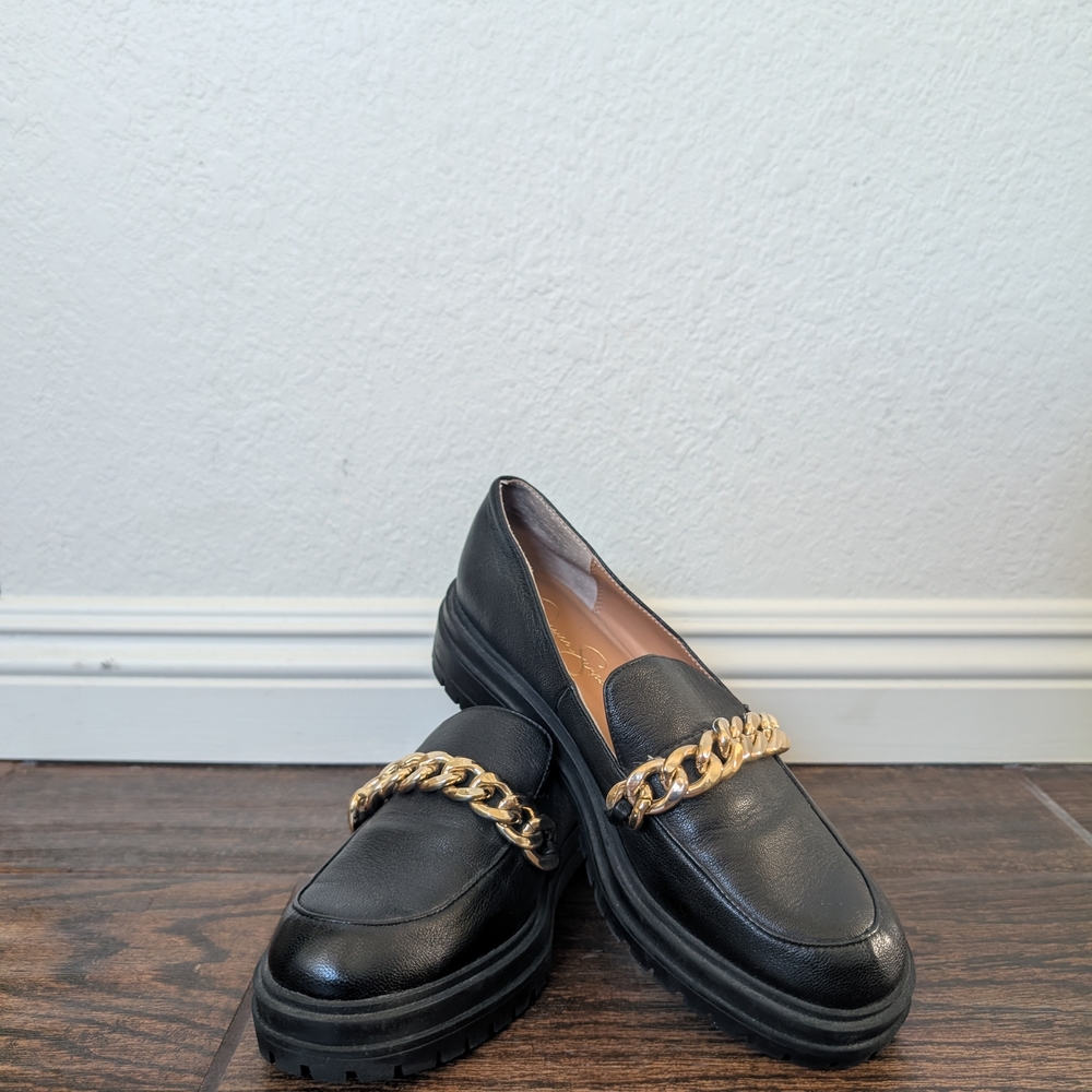 Black Loafers with Gold Chain Detail